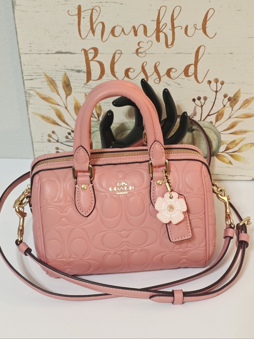 Coach Mini Rowan Crossbody Light Blush Gold CN754 + Tea Rose Coach Charm - Picture 5 of 16